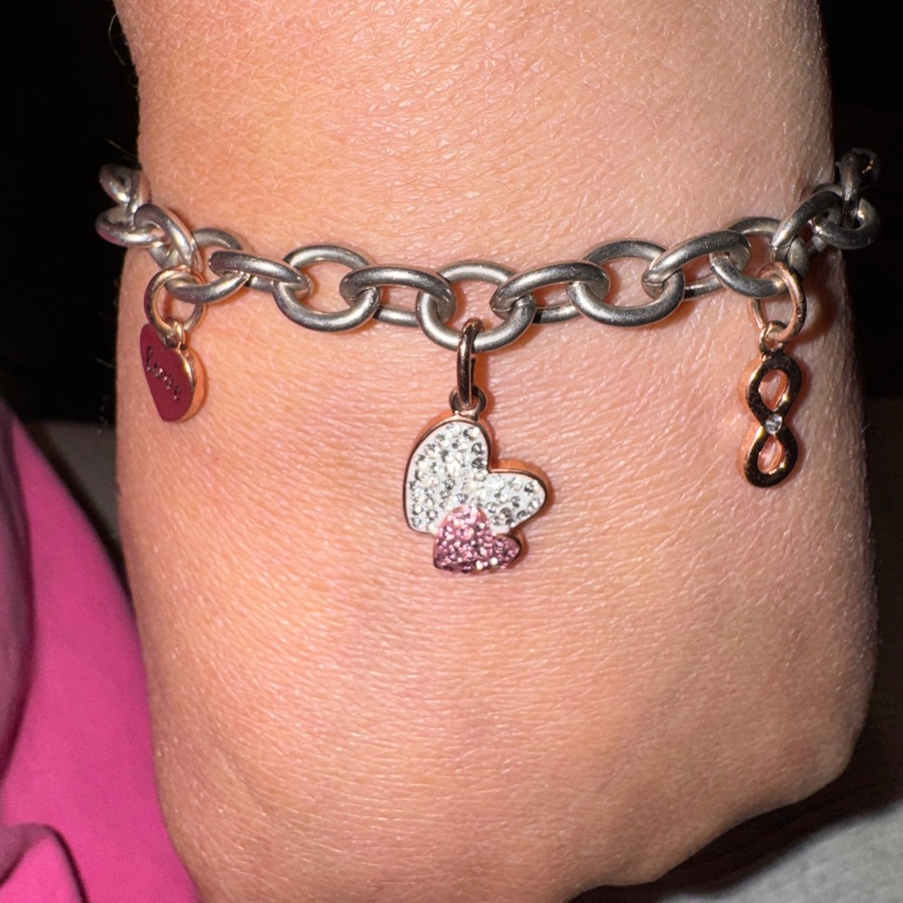 Silver Tone Toggle Charm Bracelet Rose Gold Love Heart Infinity Crystal Accents